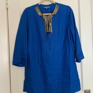ANNE KLEIN jeweled neckline, all Linen Tunic, Sz 16